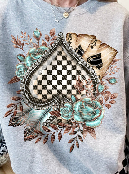 T-Shirt Sweatshirt Crewneck Hoodie Western Checkered Spades with Floral Accents