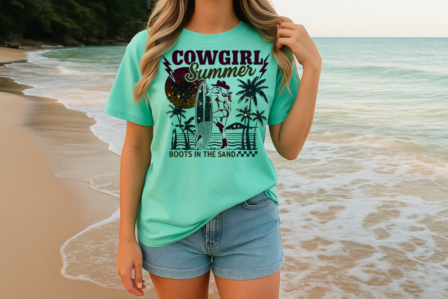 T-Shirt Sweatshirt Cowgirl Summer – Boots in the Sand Retro Surf Beach Graphic