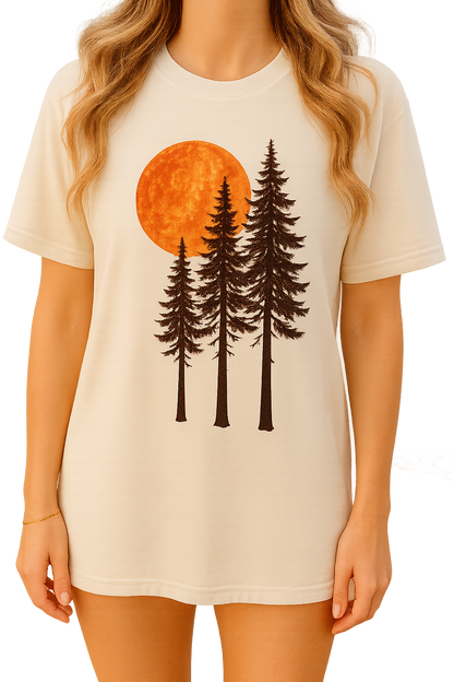 T-Shirt Hoodie Crewneck Forest Silhouette Tee – Sunset Trees Nature Design
