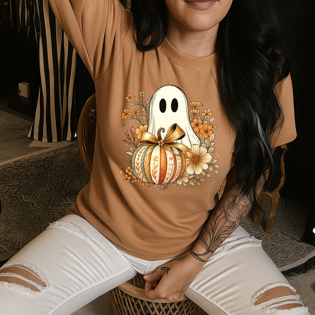 T-Shirt Crewneck Hoody – Fall Floral Ghost with Pumpkin & Bow