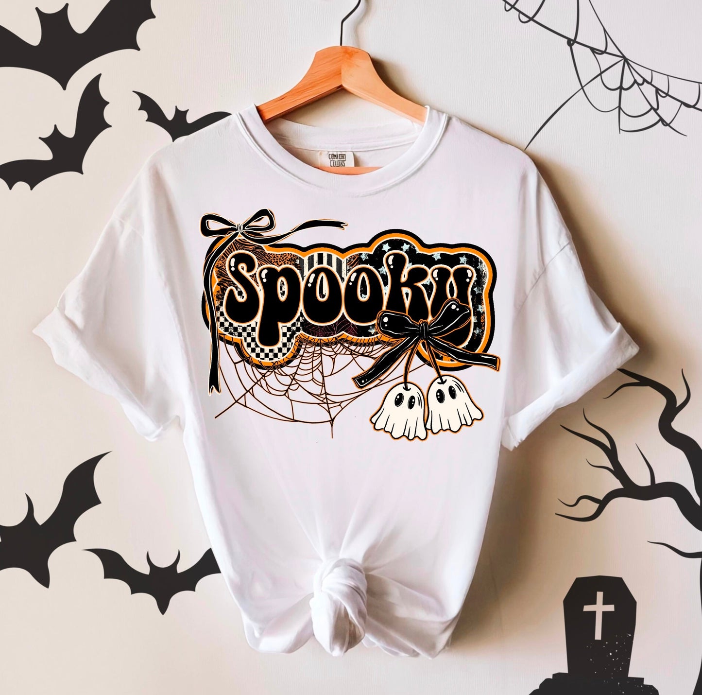 T-Shirt Hoody Spooky Ghosts with Web & Bows – Retro Checkerboard