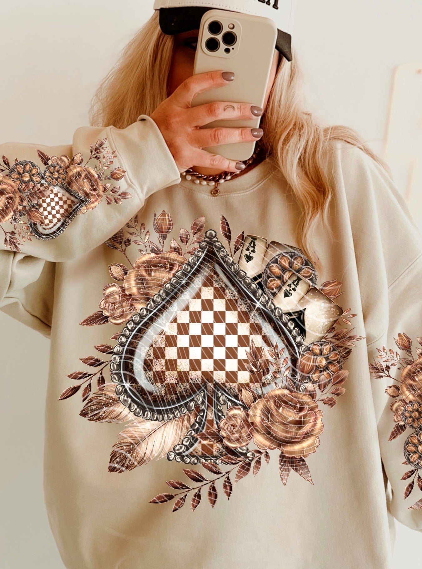 T-Shirt Sweatshirt Crewneck Hoodie Checker Spades Floral Design – Bold & Elegant