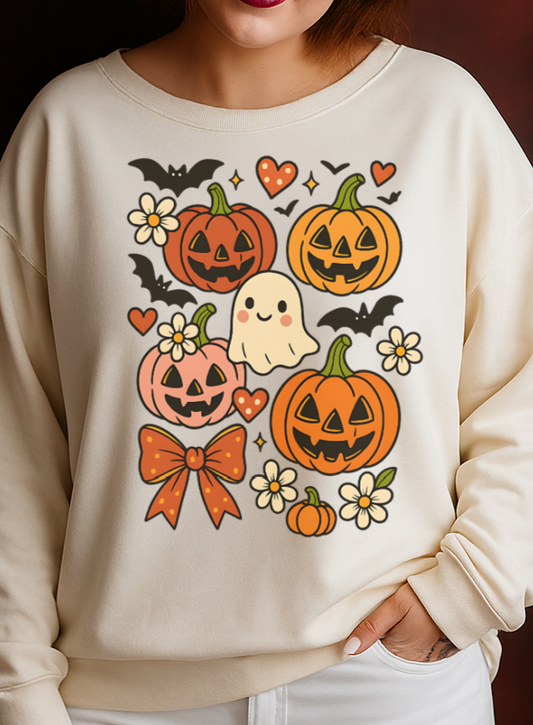 Woman wearing a cream sweatshirt with Halloween-themed graphics against a dark background.
