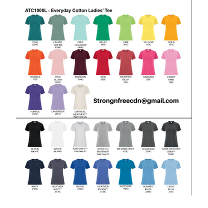 a collection of colorful t-shirts, each with a unique color and design, arranged in two columns. The t-shirts are organized by color and style, showcasing a variety of patterns and colors for the ladies' tee collection.