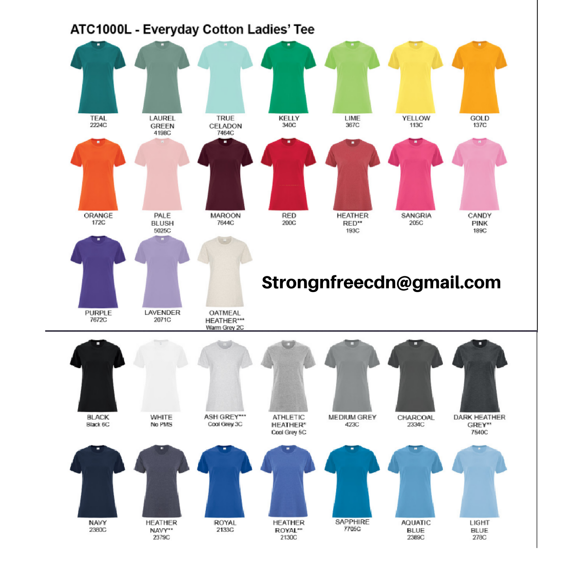 a collection of colorful t-shirts, each with a unique color and design, arranged in two columns. The t-shirts are organized by color and style, showcasing a variety of patterns and colors for the ladies' tee collection.