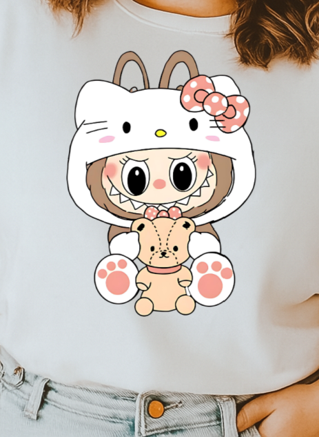 Person wearing a white sweatshirt with a cartoon character design on a plain background