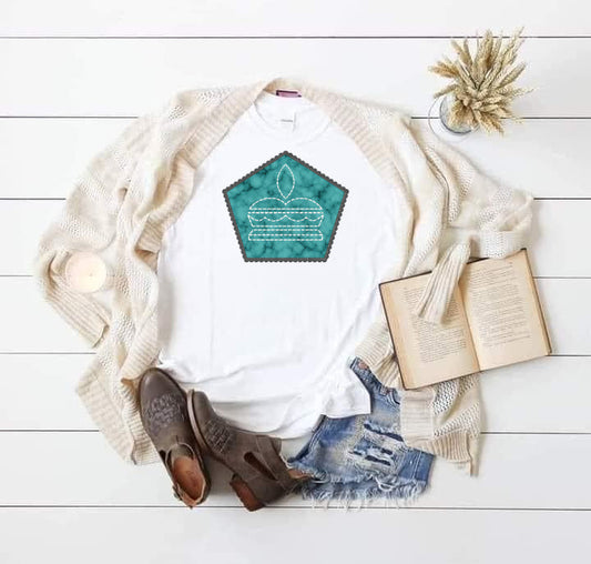 T-Shirt Sweatshirt Crewneck Teal Crown Patch – Western Tiara Graphic with Rustic Jade Background