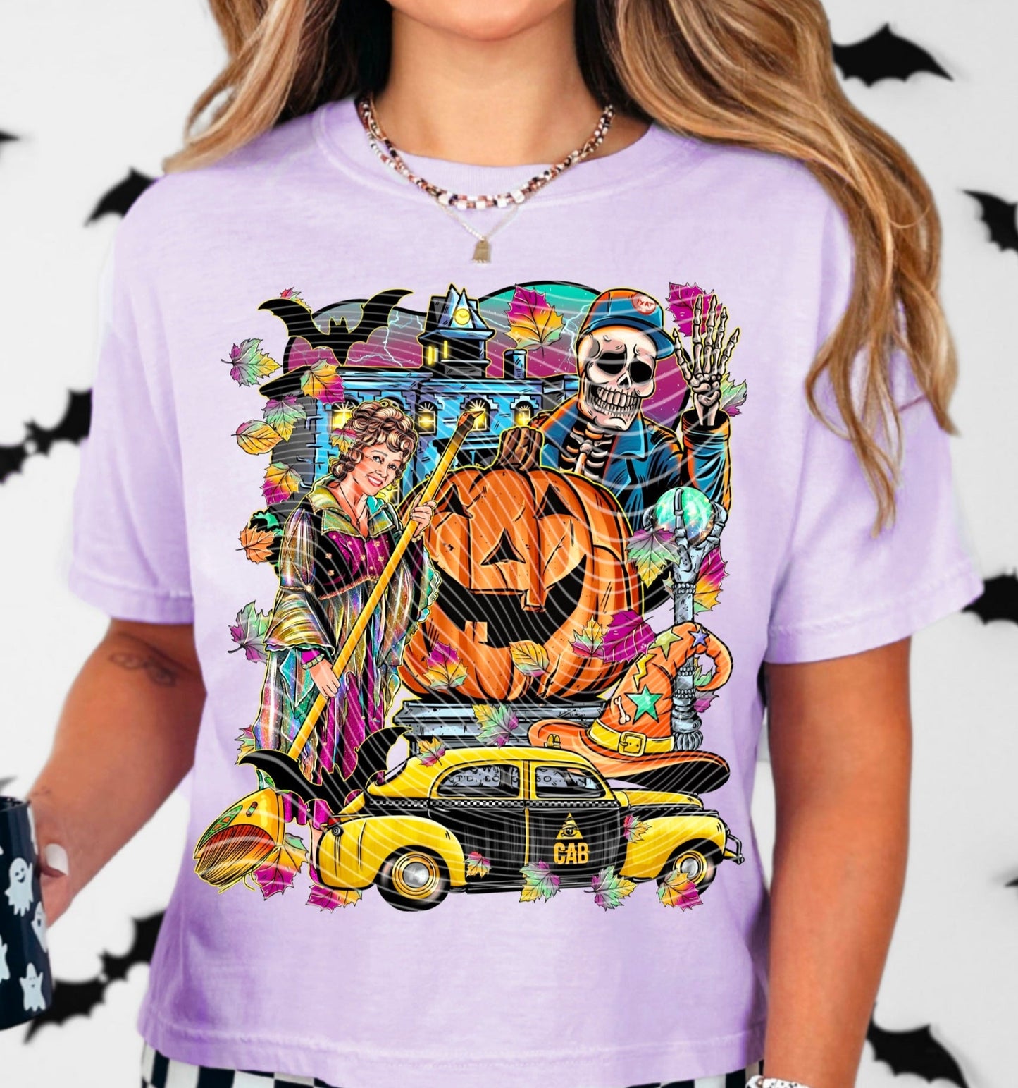 T-Shirt Crewneck Hoody – Halloween Town Taxi Ride with Skeleton, Pumpkin #2