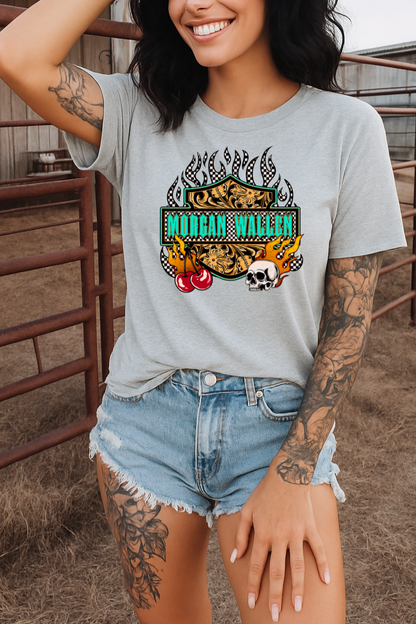T-Shirt Crewneck Hoody Morgan W  Western Skull Flames – Country Rock Graphic