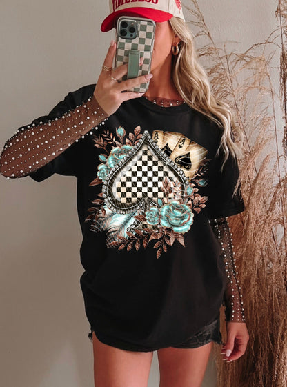 T-Shirt Sweatshirt Crewneck Hoodie Western Checkered Spades with Floral Accents