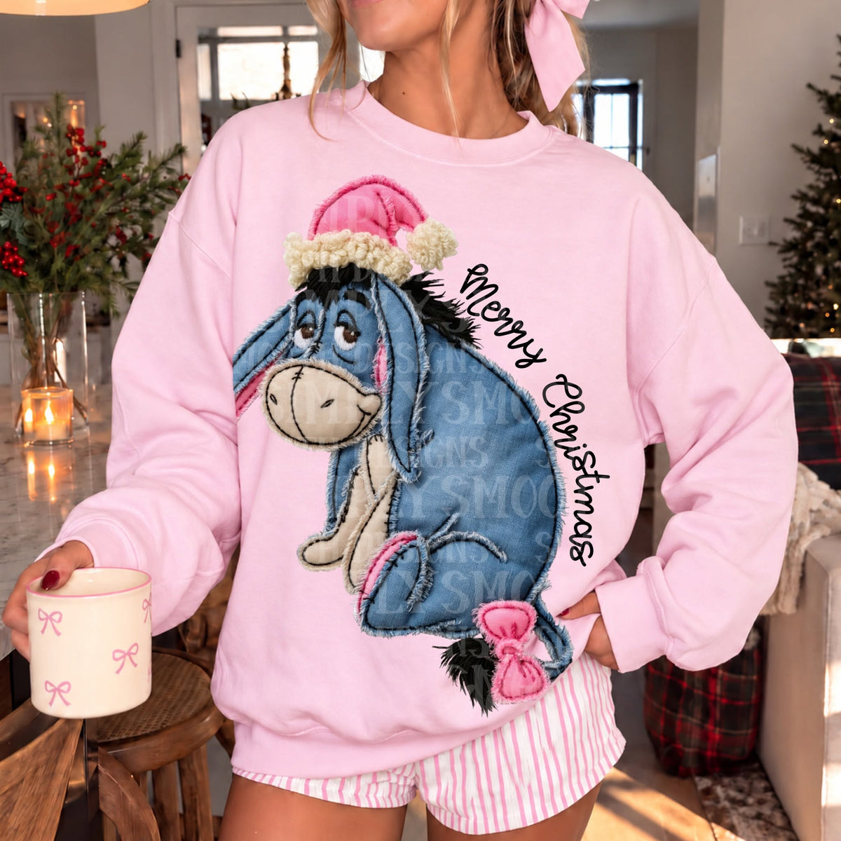 Merry Christmas Eeyoree faux stitched DTF transfer mockup; sweatshirt not included