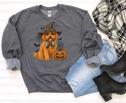 T-Shirt Crewneck Hoody – Halloween Pup in Witch Hat (Pumpkins & Bats Edition)
