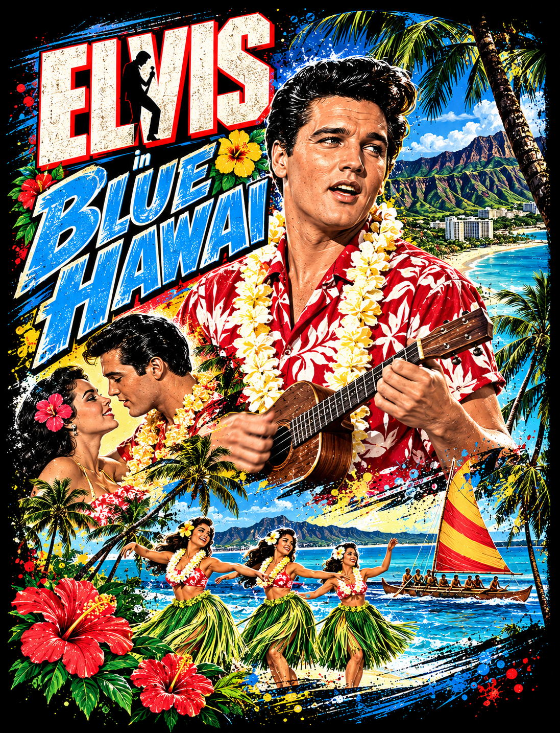 Elviss in Blue Hawaiii Movie Collage halftone DTF transfer for dark garments