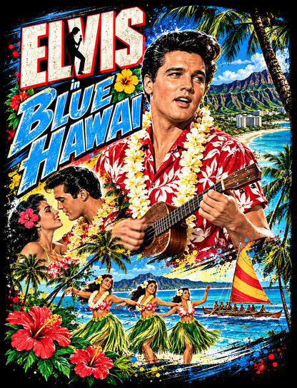 Elviss in Blue Hawaiii Movie Collage halftone DTF transfer for dark garments