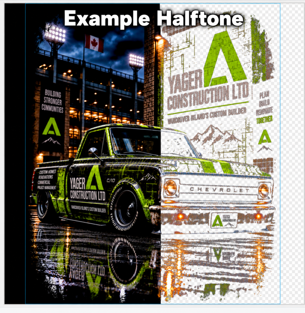 Example Halftone – full-colour artwork and halftone detail comparison