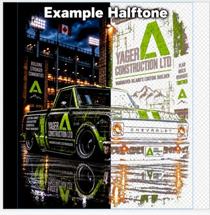 Example comparison of full-colour artwork and transparent halftone