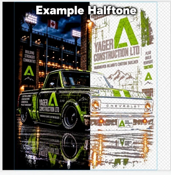 Example comparison of full-colour artwork and transparent halftone