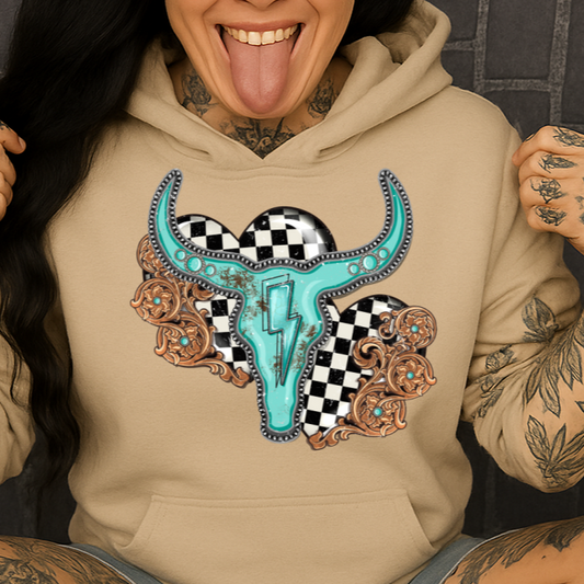DTF Transfer Turquoise Steer Skull – Western Lightning Bolt & Checkerboard Design