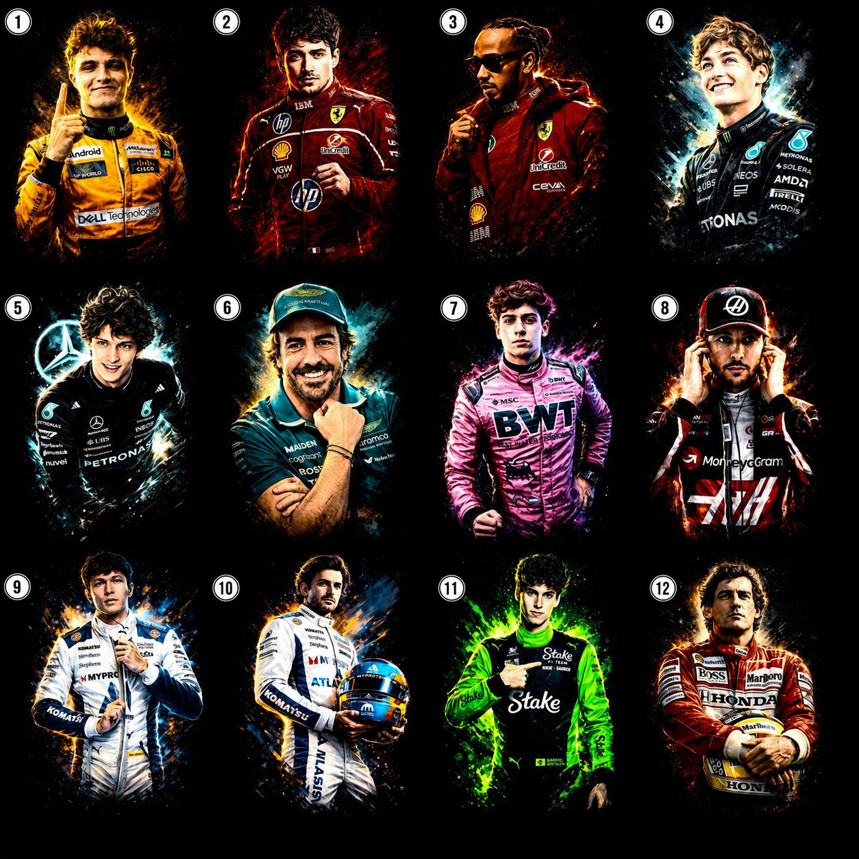 Formula racing halftone DTF design choices 1 through 12