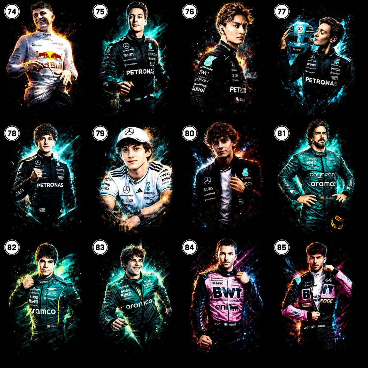 Formula racing halftone DTF design choices 74 through 85