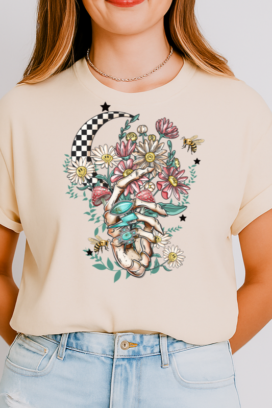 DTF Transfer Turquoise Skeleton Hand – Wildflower, Bee & Checker Moon Boho Design