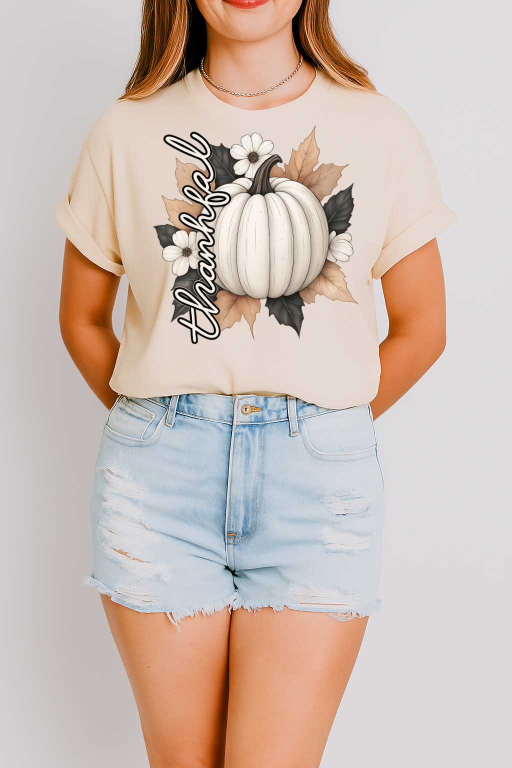 DTF Transfer Thankful Pumpkin – Fall Floral White Pumpkin Autumn Design