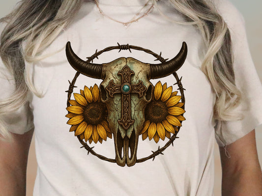 T-Shirt Sweatshirt Crewneck Cowgirl Faith Cowboy Strength – Western Skull & Sunflower Design#2