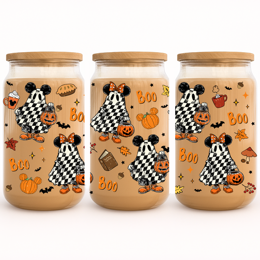 UV-DTF Cup Wrap Stickers | Halloween Ghost Mickeyy & Minniee with Pumpkins | Spooky Cute Fall Cup Decor