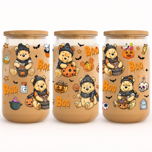 UV-DTF Cup Wrap Stickers | Cute Halloween Bear with Pumpkins, Candy & Boo | Spooky Fall Cup Decor