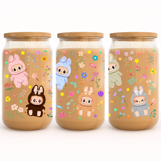 UV-DTF Cup Wrap Stickers | Cute Bunny Plush Characters with Flowers & Stars | Kawaii
