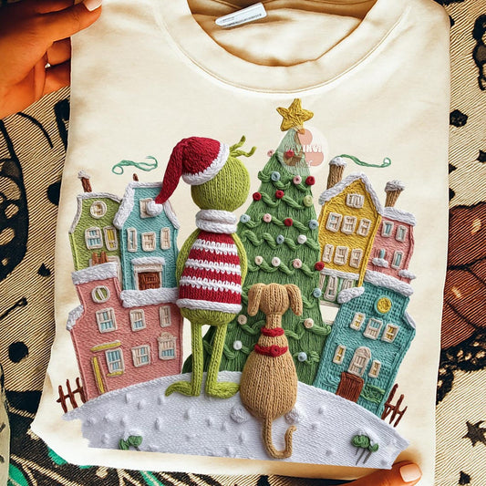 Sweatshirt  – Cozy Knit Christmas Village With Green Character & Dog