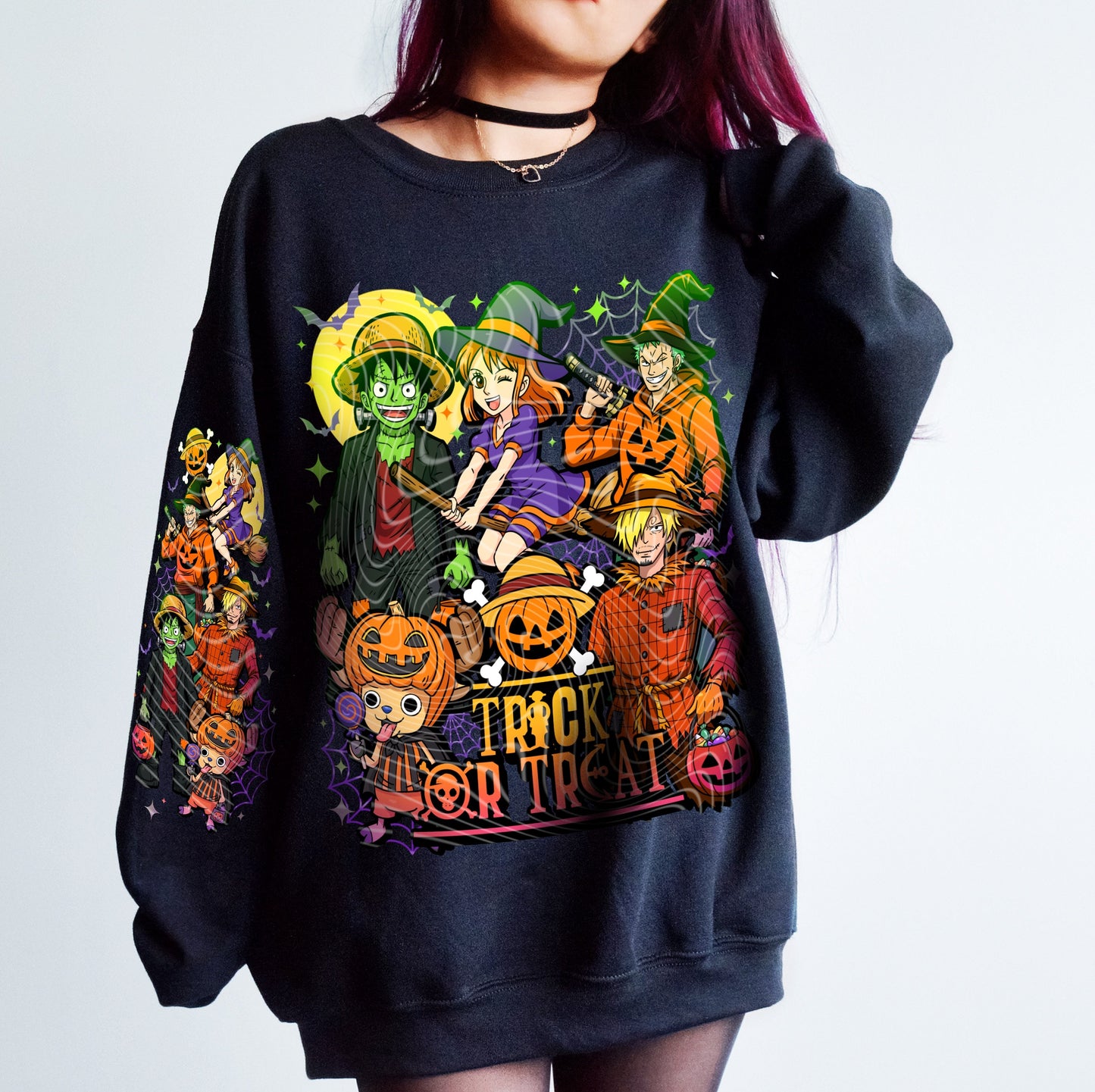 Crewneck Hoody T-Shirt  Trick or Treat Anime Halloween Sleeve Print