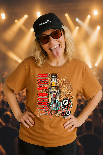 T-Shirt  Or Hoodie  Hell Bent Whiskey Bound – Western Biker Bottle & Flames Design