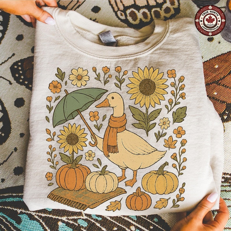 Fall Goose With Umbrella and Pumpkins ready-to-press DTF transfer photo 1