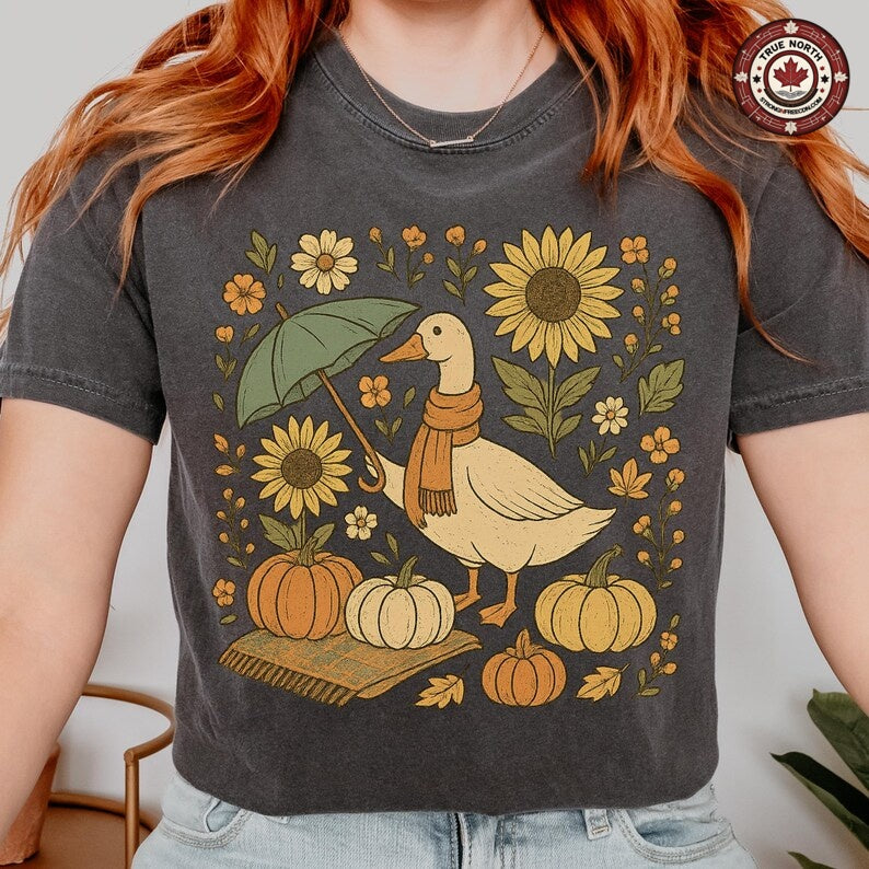 Fall Goose With Umbrella and Pumpkins ready-to-press DTF transfer photo 2