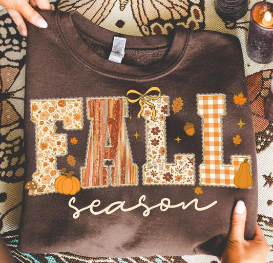 Fall Season patchwork DTF transfer shown on a brown sweatshirt