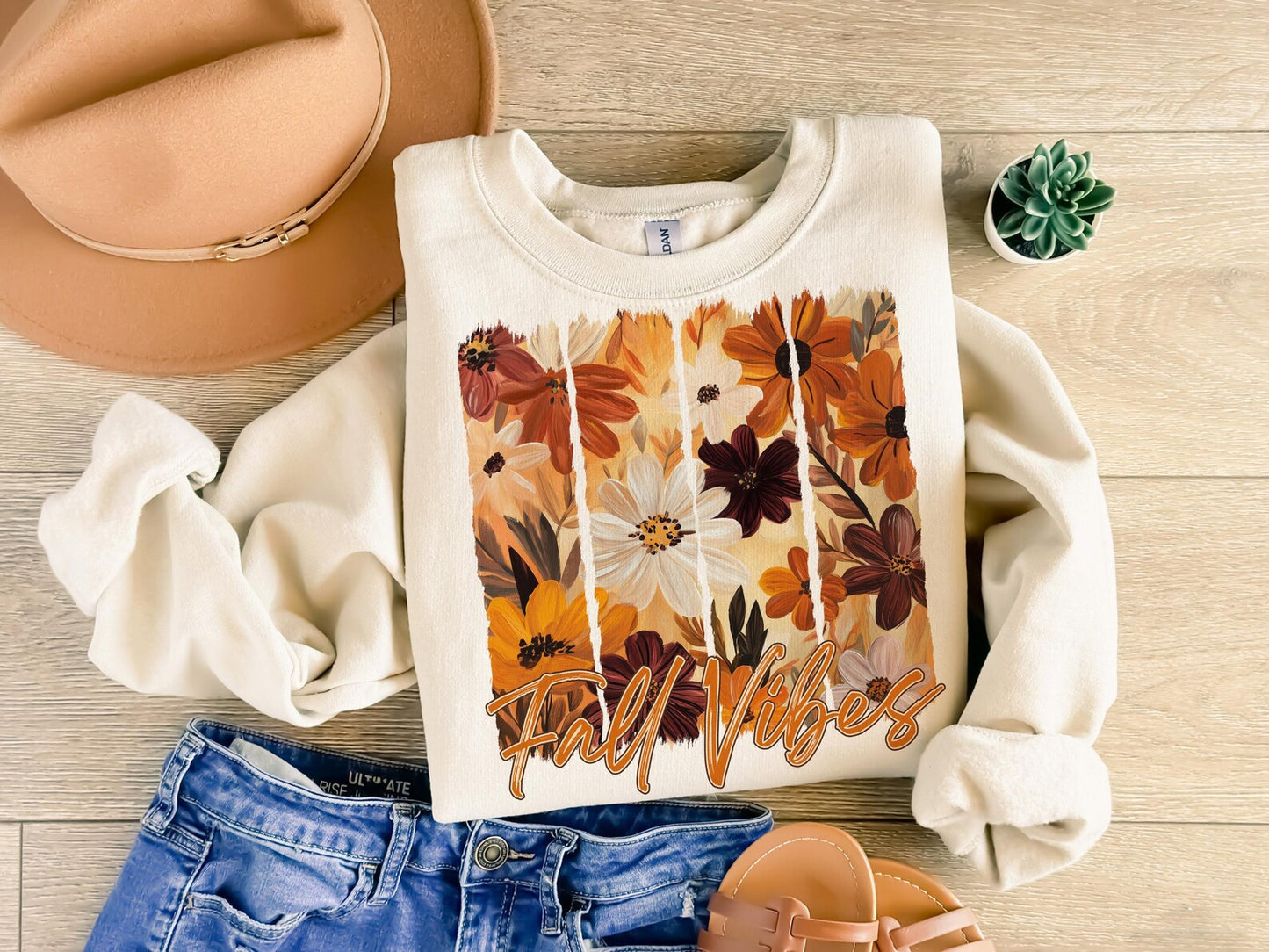 Fall Vibes floral DTF transfer shown on a cream sweatshirt