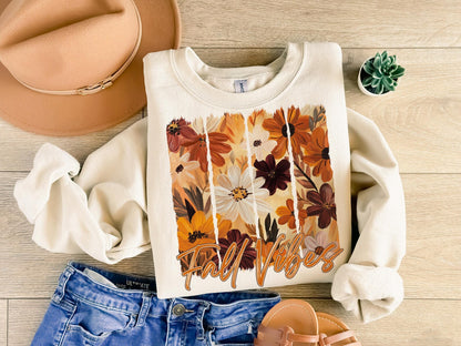 Fall Vibes floral DTF transfer shown on a cream sweatshirt