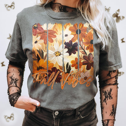 Fall Vibes autumn floral transfer shown on a grey T-shirt