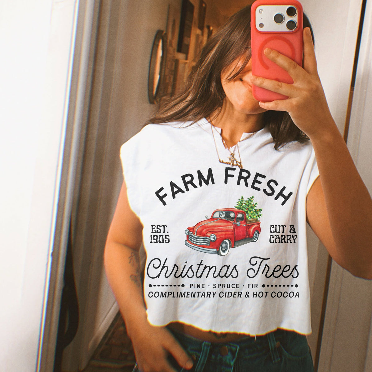 Farm Fresh Christmas Trees – Vintage Red Truck DTF transfer mockup; garment not included