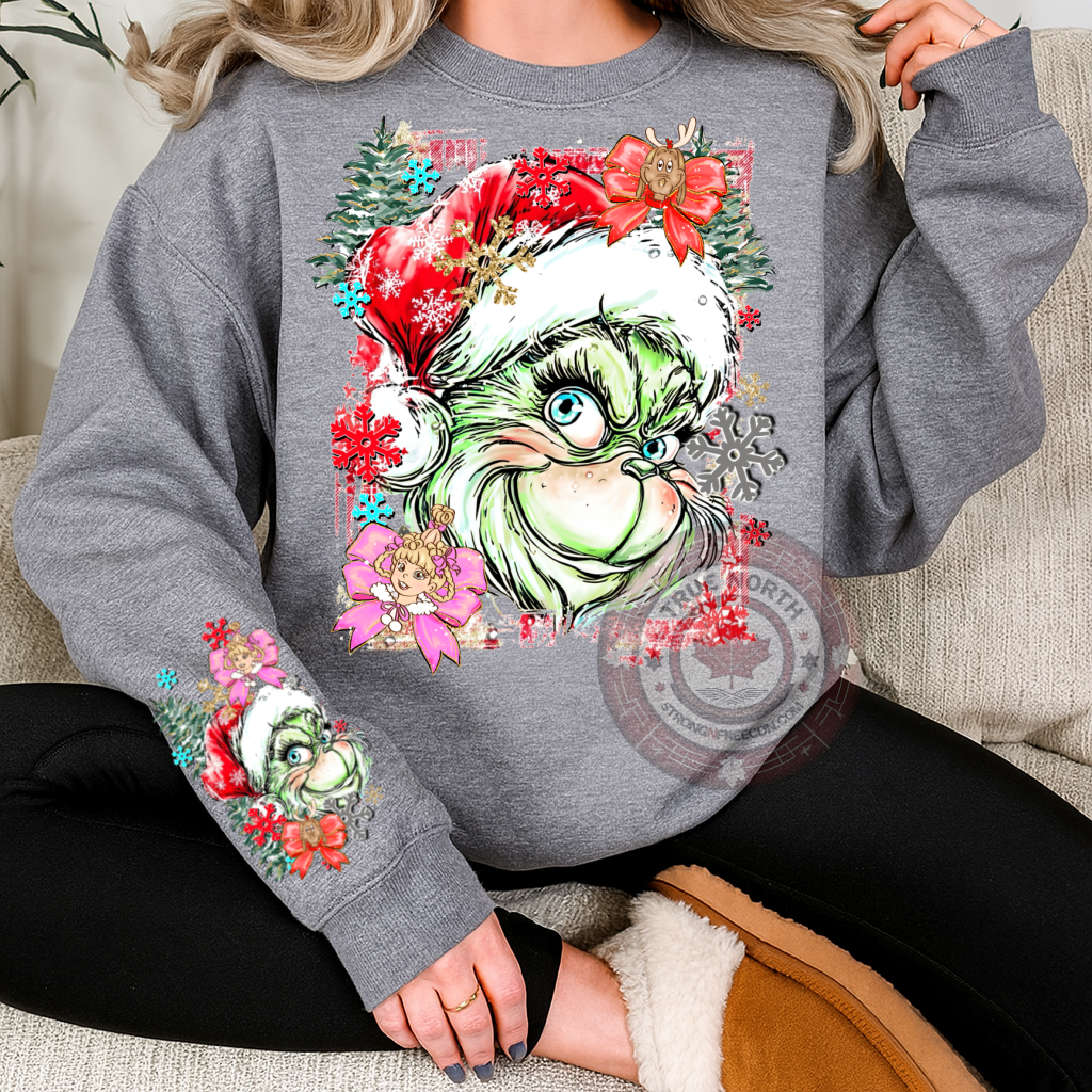 DTF Transfer – Christmas Grinch Watercolor with Sleeve Print