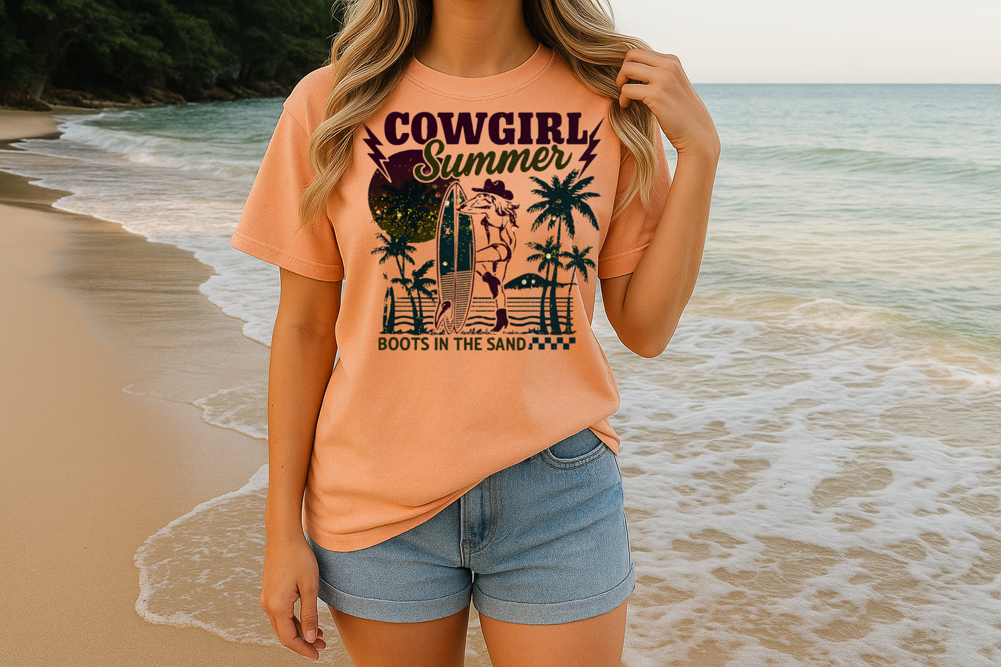 T-Shirt Sweatshirt Cowgirl Summer – Boots in the Sand Retro Surf Beach Graphic
