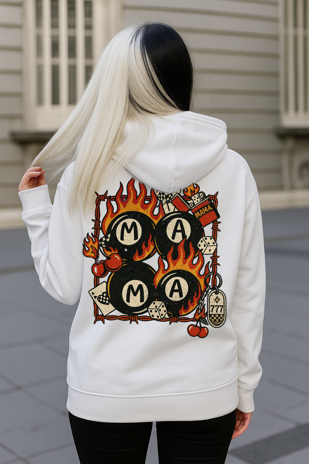 DTF Transfer Rockabilly Mama – 8 Ball Dice Flames Retro Tattoo Print
