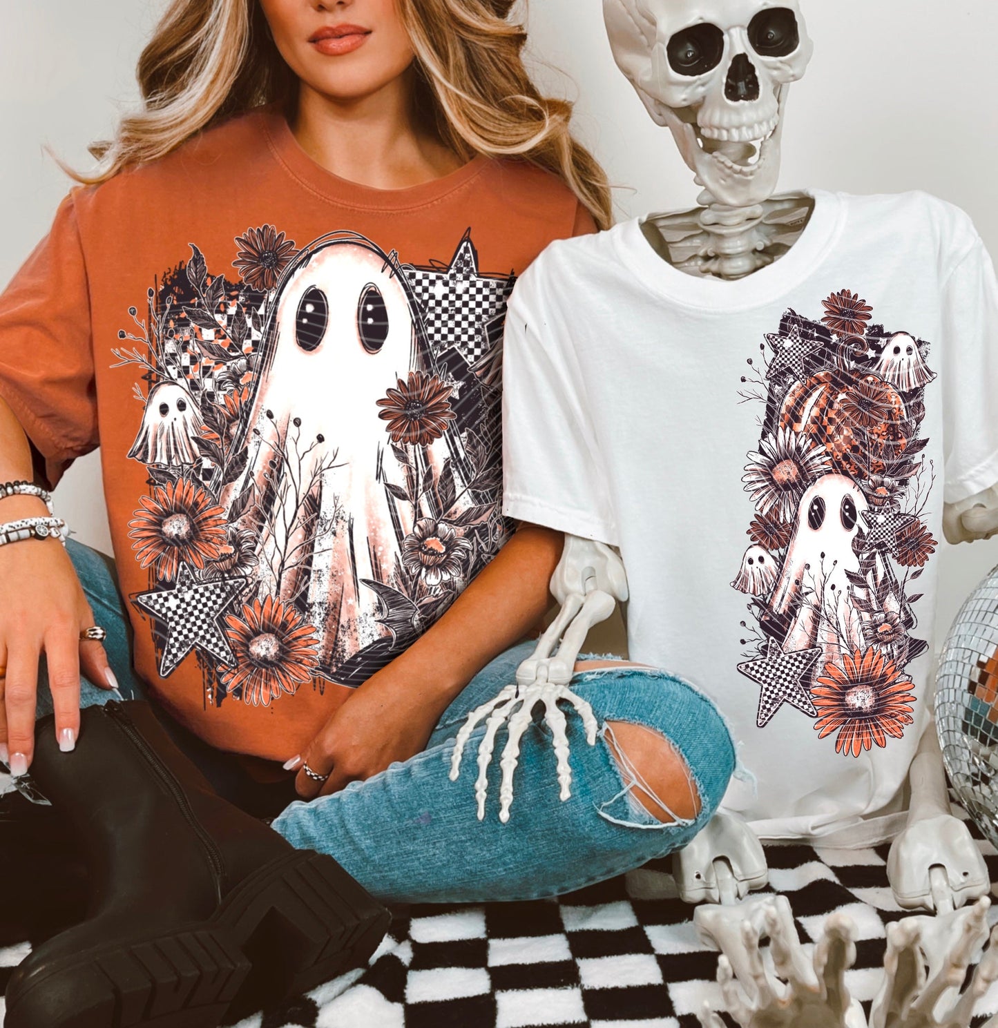 T-Shirt Hoody Ghost Floral Grunge – Neutral Halloween with Checker Stars & Fall Flowers