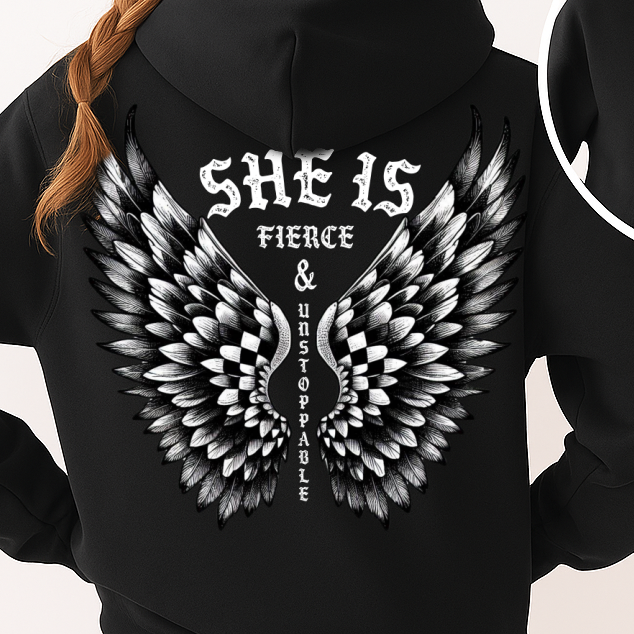 T-Shirt  Or Hoodie  She Is Fierce & Unstoppable – Angel Wings Empowerment Hoodie Design