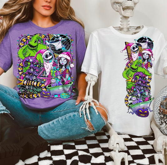 Person wearing a purple t-shirt with a colorful graphic design, sitting next to a skeleton wearing a white t-shirt with the same design.