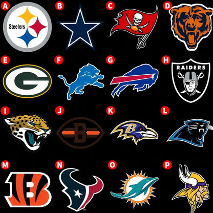 Football team logo DTF transfer designs lettered A through P