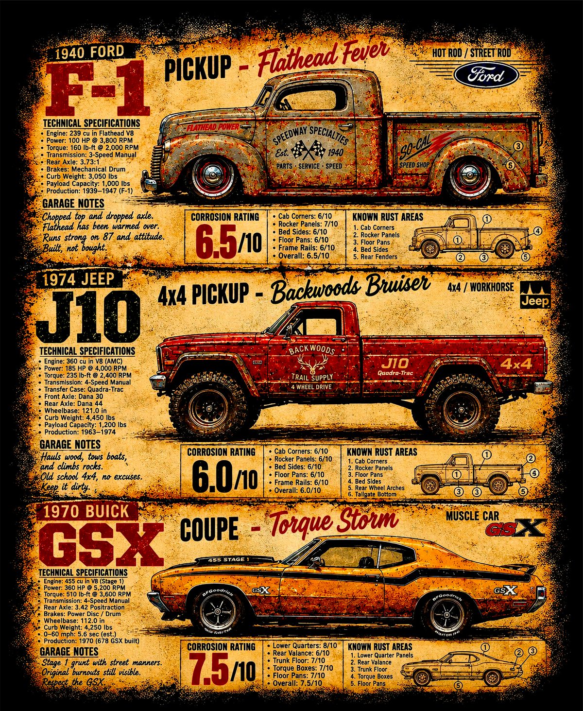 Ford F-1, Jeep J10 and Buick GSX - Vintage Poster - DTF transfer - Prints best on darks