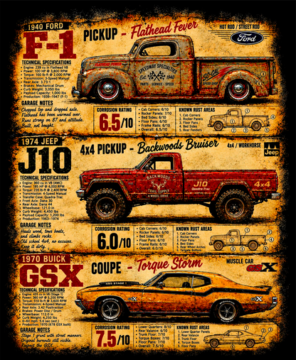 Ford F-1, Jeep J10 and Buick GSX - Vintage Poster - printed halftone garment - Prints best on darks