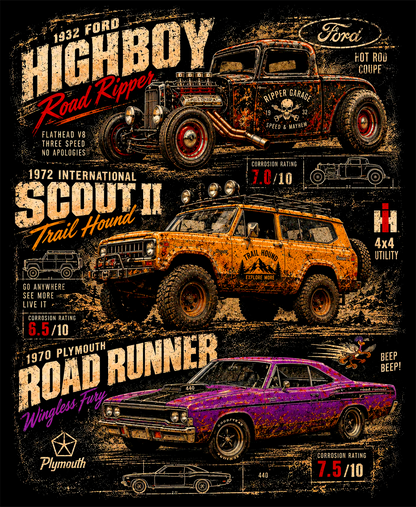 Ford Highboy, Scout II and Plymouth Road Runner - Vintage Poster - DTF transfer - Prints best on darks